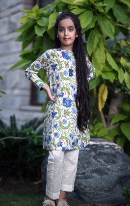White and Green Printed Cambric Girls Kurti